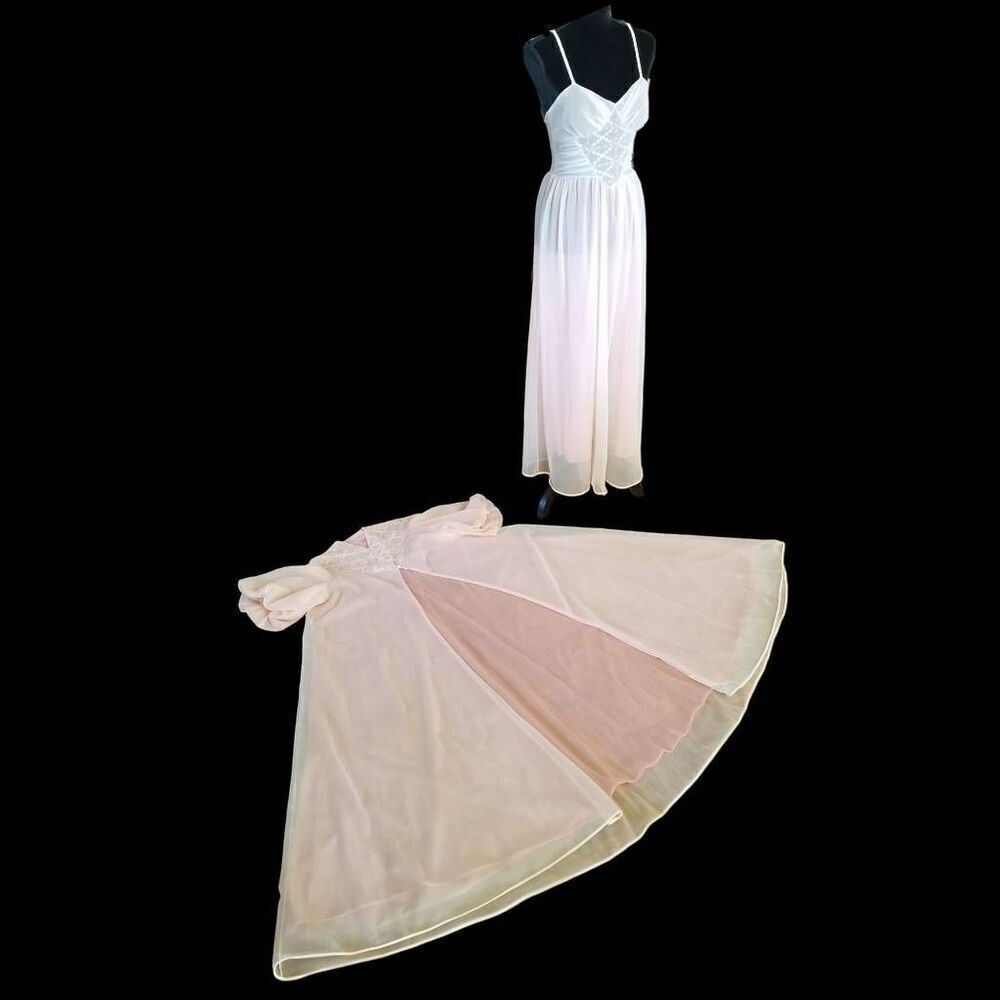 1950s SCHIAPARELLI Paris New York Peignoir Nightgown Set Pink Ivory Ombré M - Picture 13 of 16